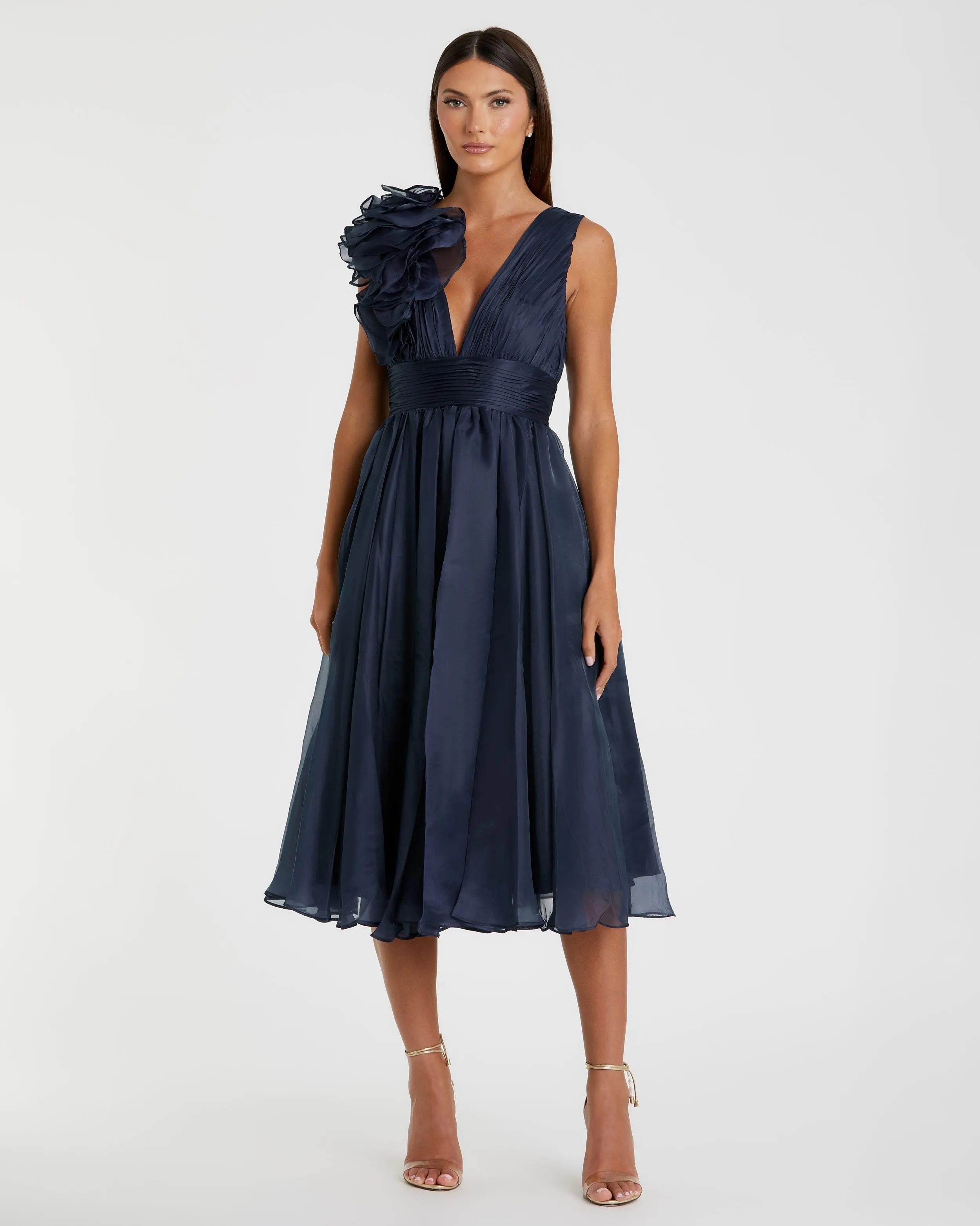 Navy Sleeveless Chiffon A-Line Tea Length Cocktail Dress sold by Mac Duggal