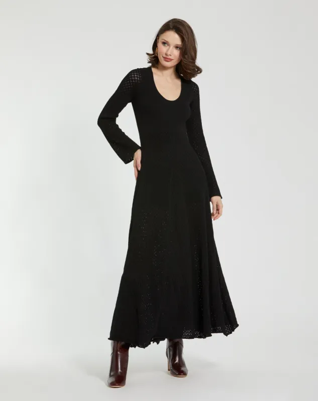 Black Scoop Neck Long Sleeve Knit Maxi Dress sold by Mac Duggal