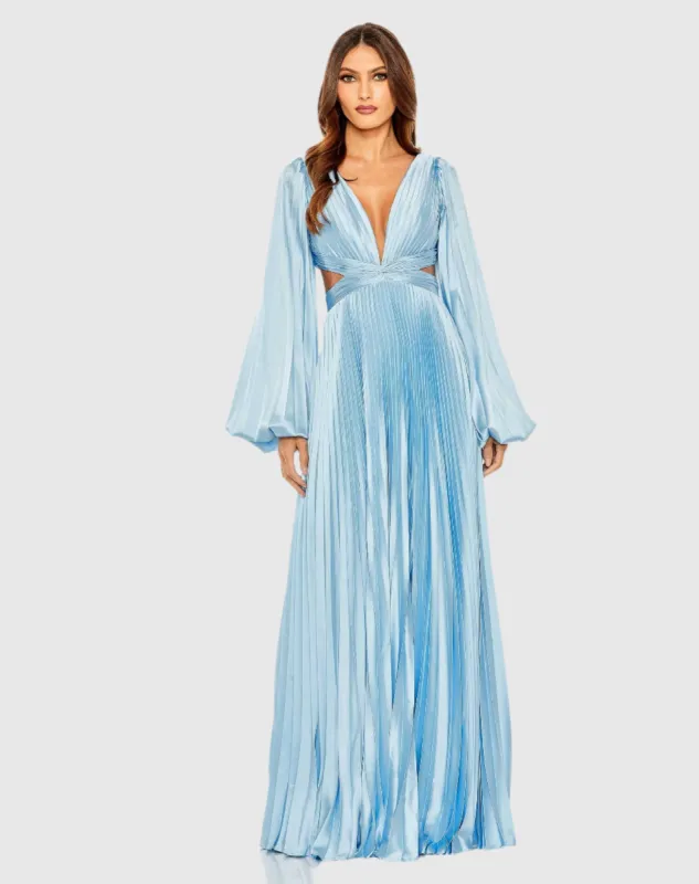 Blue Long Sleeve Pleated Charmeuse Cut Out Gown sold by Mac Duggal
