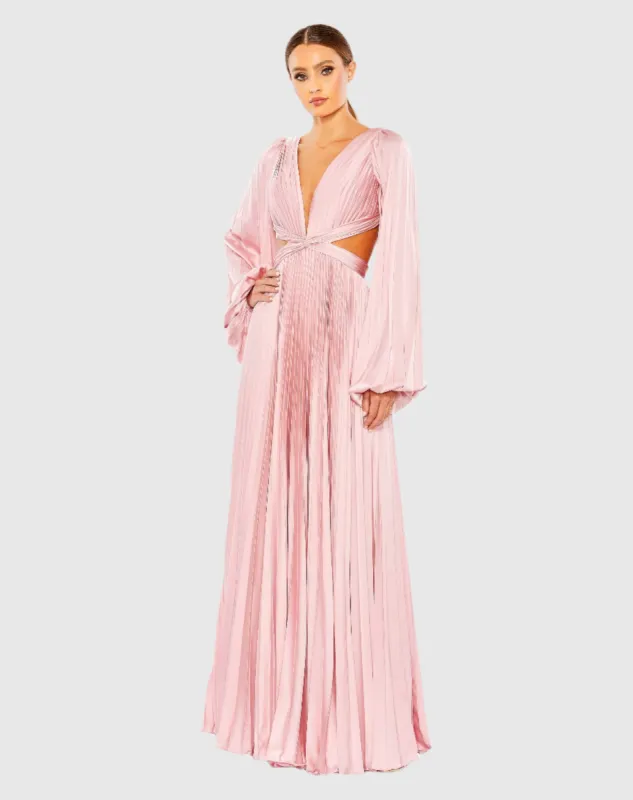 Pink Long Sleeve Pleated Charmeuse Cut Out Gown sold by Mac Duggal