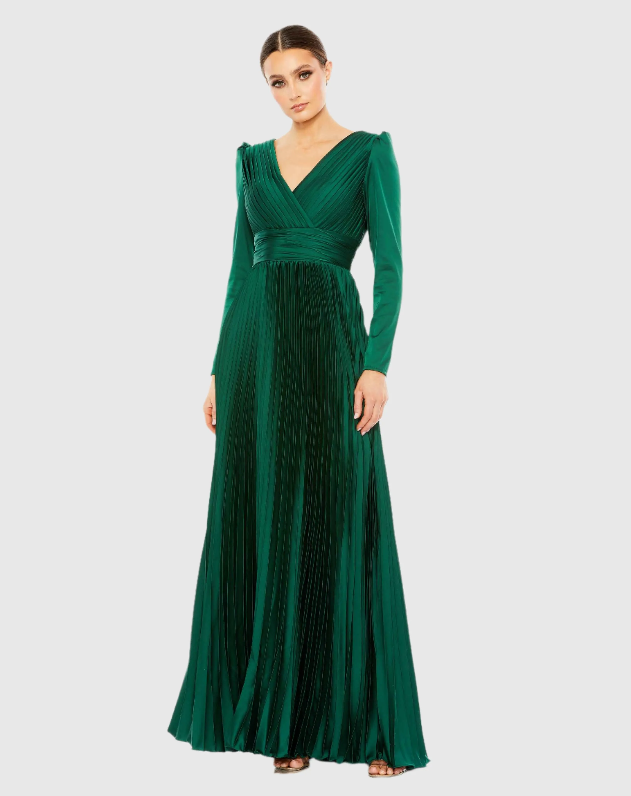 Pleated Long Sleeve V-Neck Gown sold by Mac Duggal