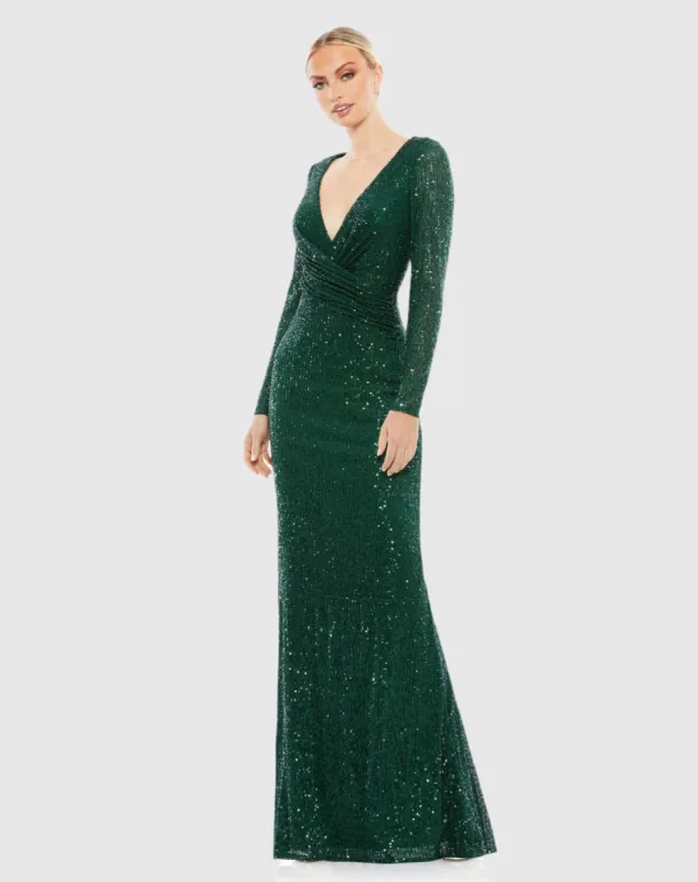 Green Sequined Faux Wrap Long Sleeve Column Gown sold by Mac Duggal