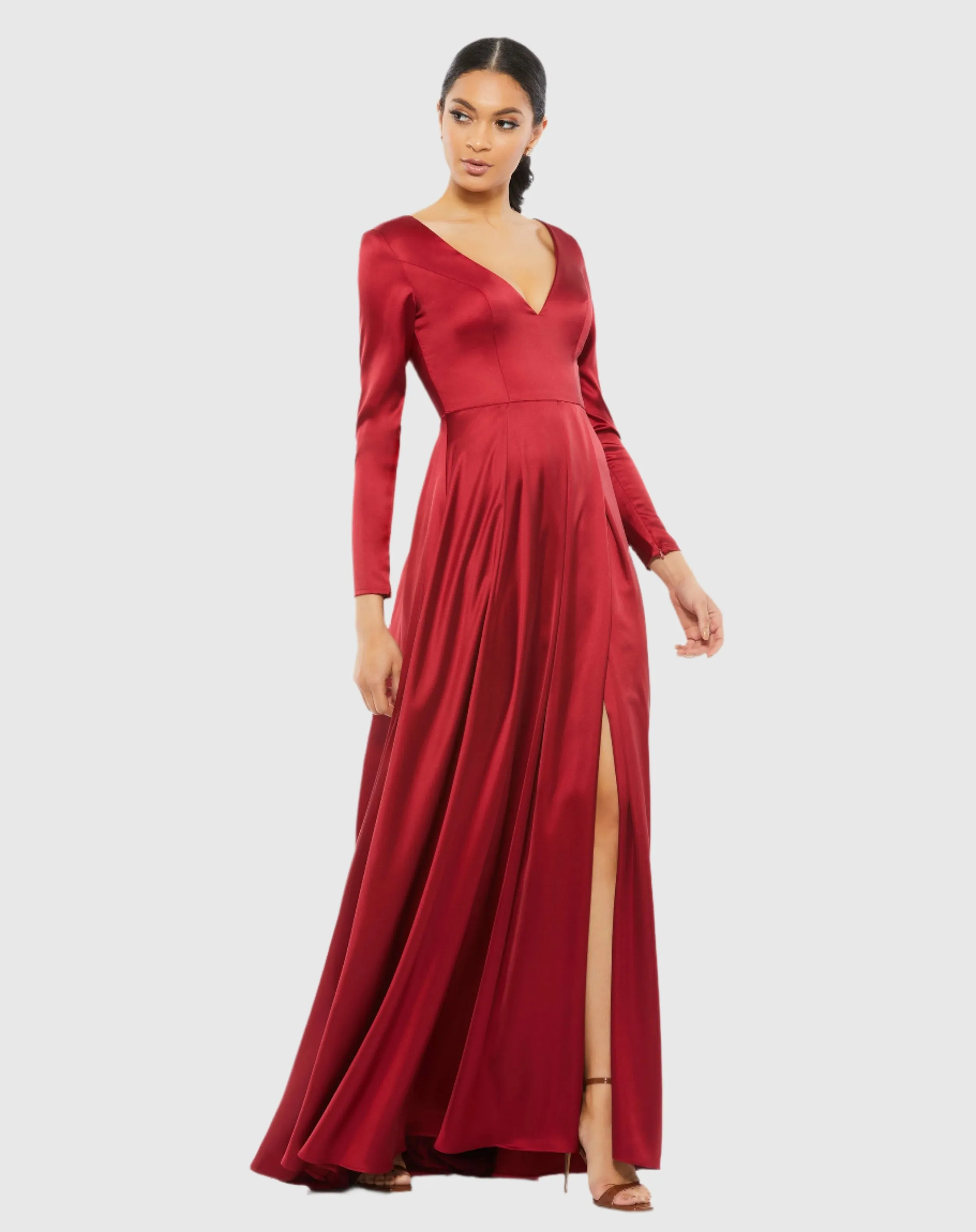 Red Satin V Neck Long Sleeve Gown sold by Mac Duggal