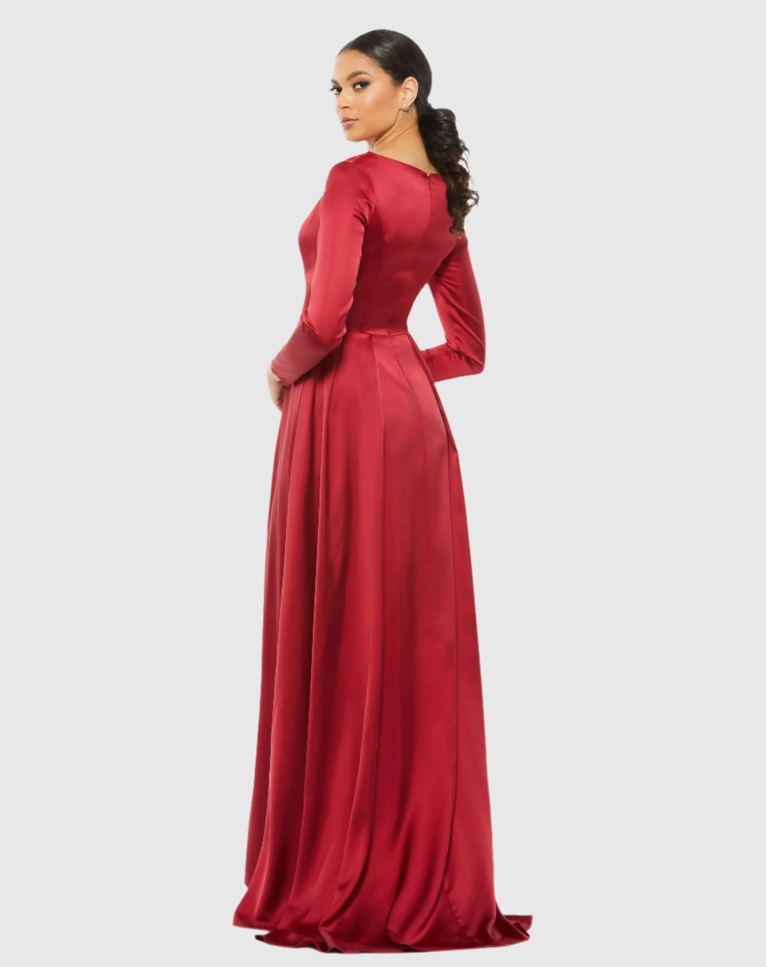 Red Satin V Neck Long Sleeve Gown sold by Mac Duggal product image thumbnail 3