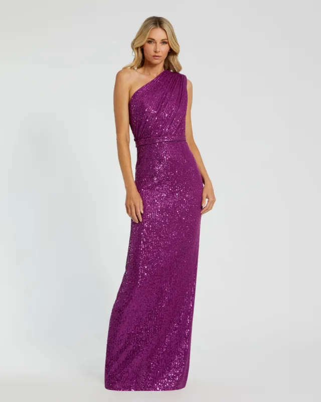 Sequined Ruched One Shoulder Gown sold by Mac Duggal