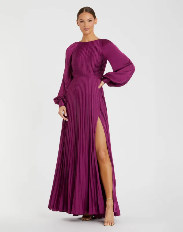 Pleated High Neck Raglan Long Sleeve Side Slit Gown sold by Mac Duggal