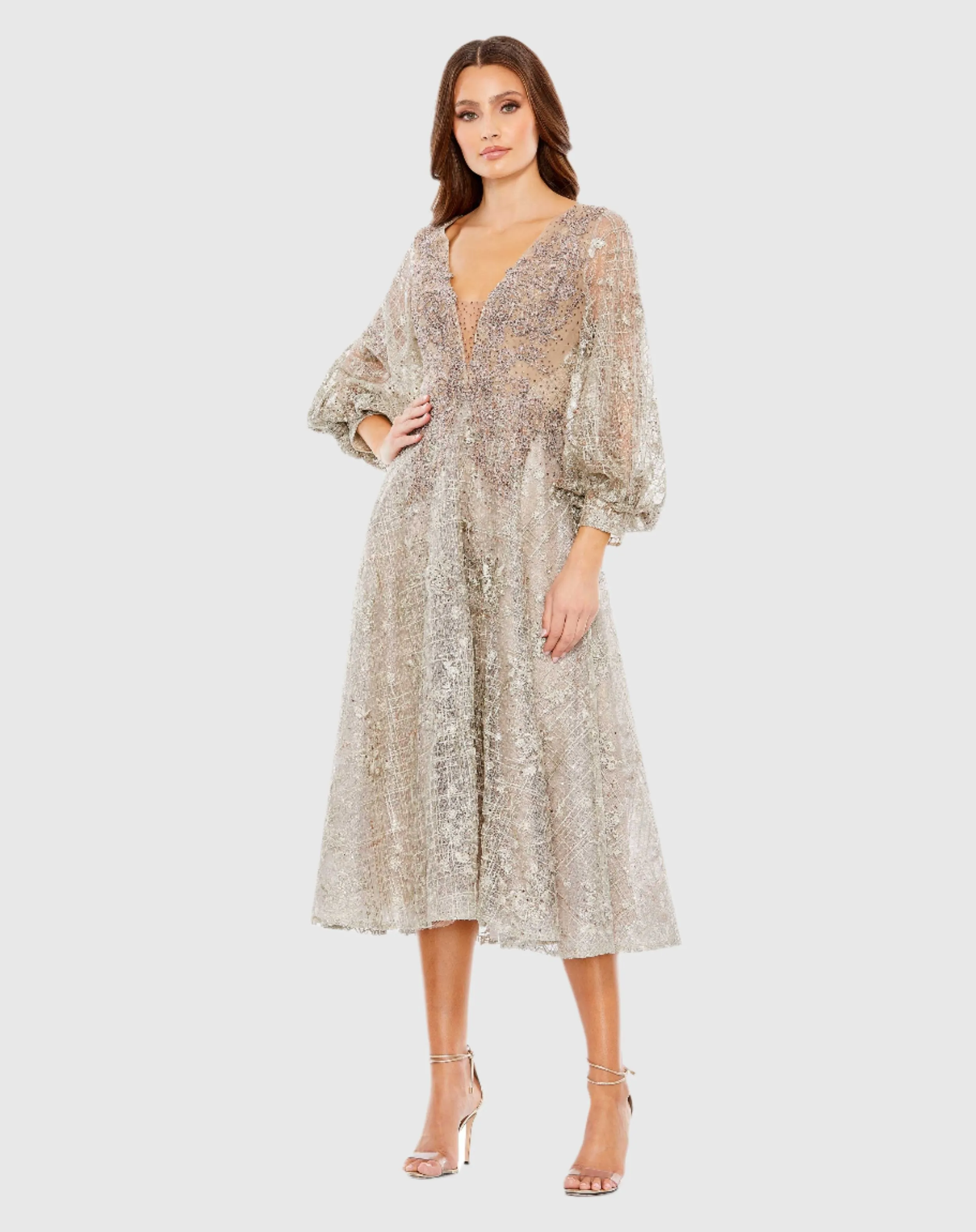 Embellished Plunge Neck Bishop Sleeve Dress sold by Mac Duggal product image thumbnail 2