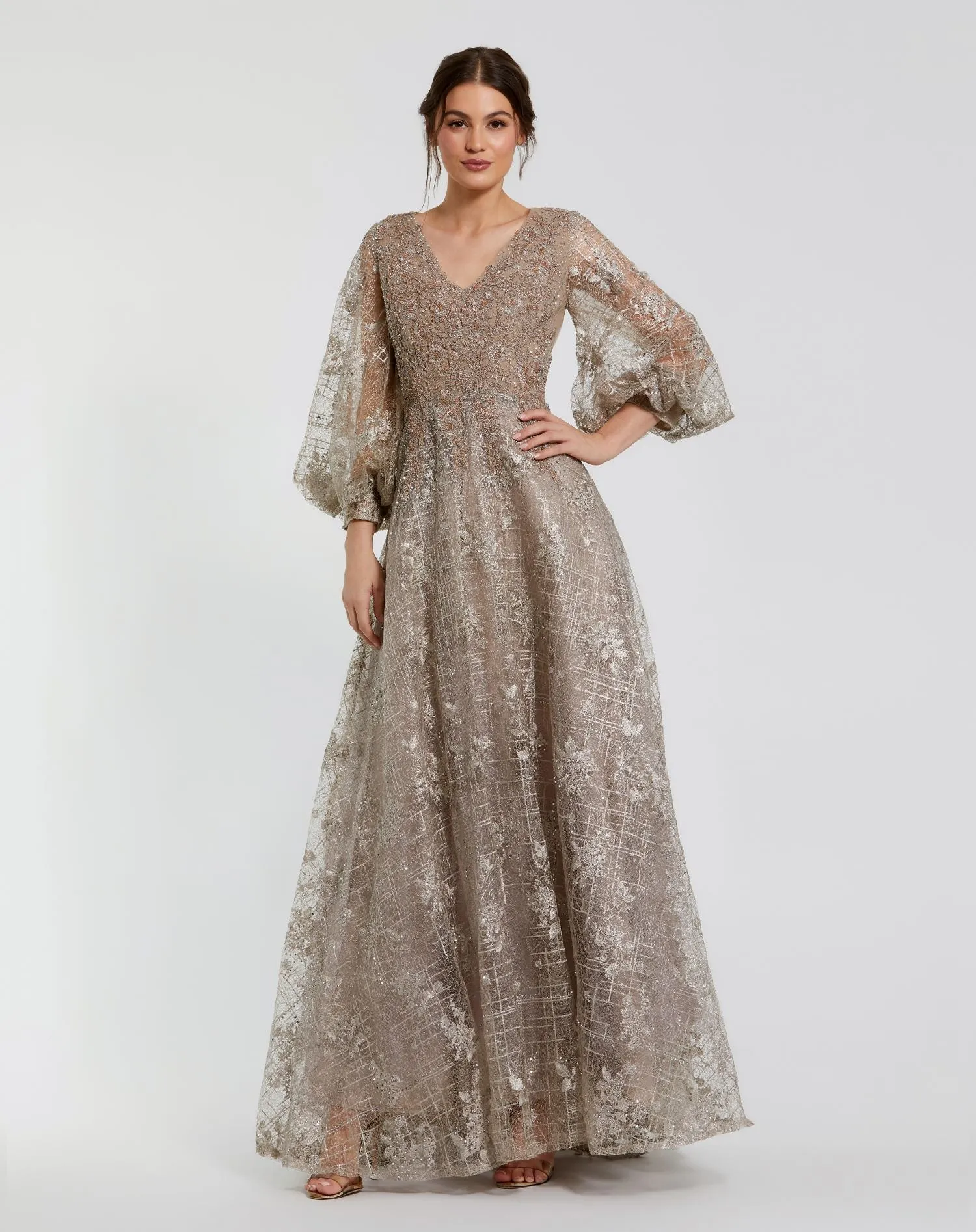 Embellished Plunge Neck Puff Sleeve A Line Gown sold by Mac Duggal