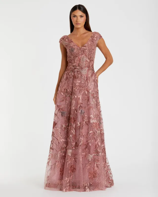 Embroidered Illusion Cap Sleeve A Line Gown sold by Mac Duggal