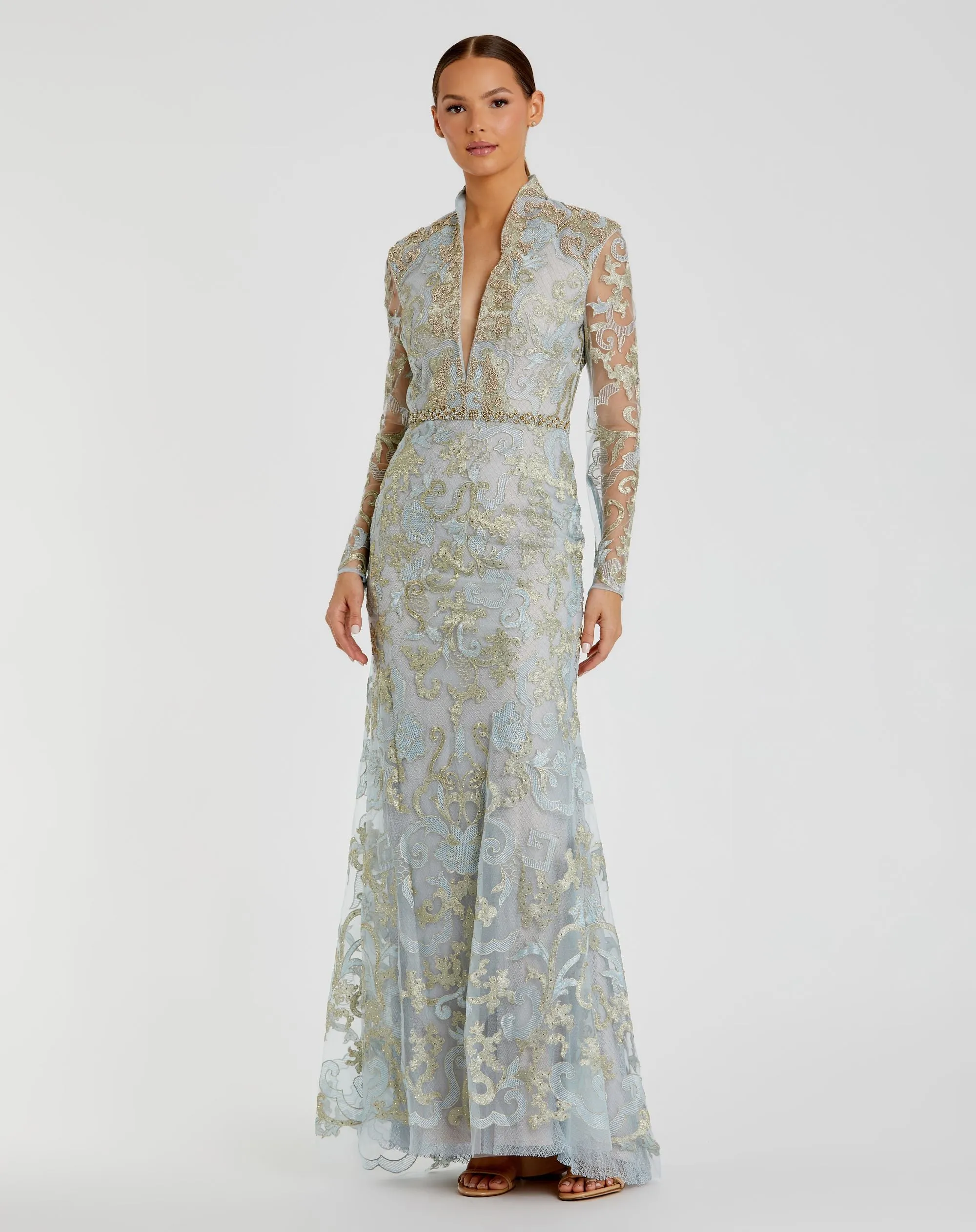 Beaded Queen Anne Lace Long Sleeve V-neck Trumpet Gown sold by Mac Duggal