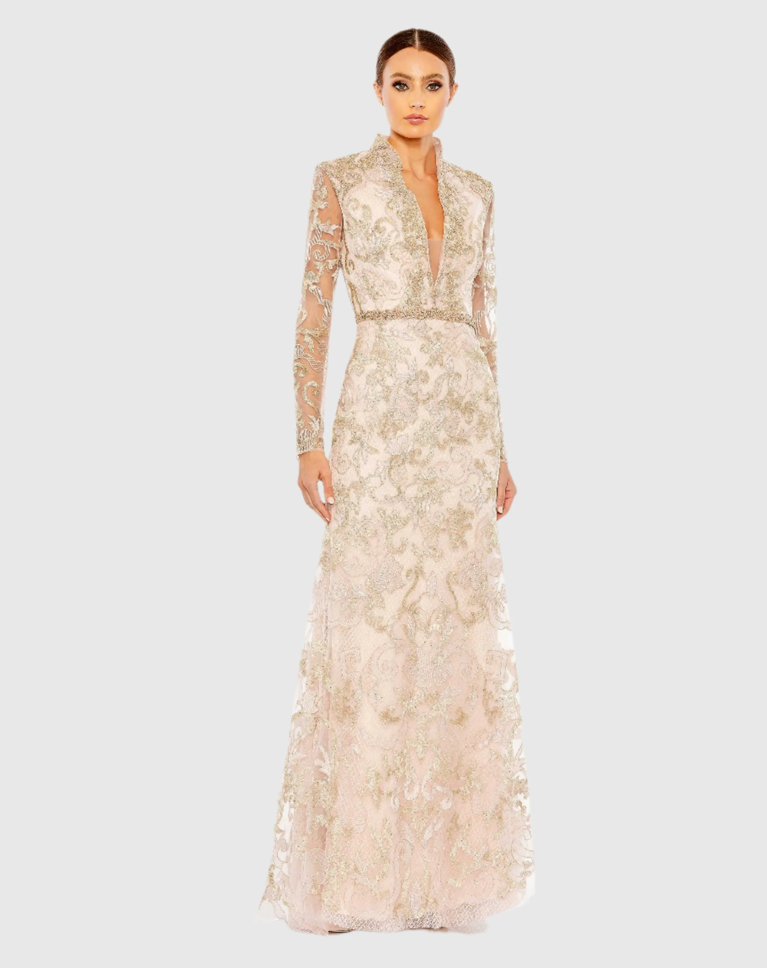Beaded Queen Anne Lace Long Sleeve V-neck Trumpet Gown sold by Mac Duggal product image thumbnail 2