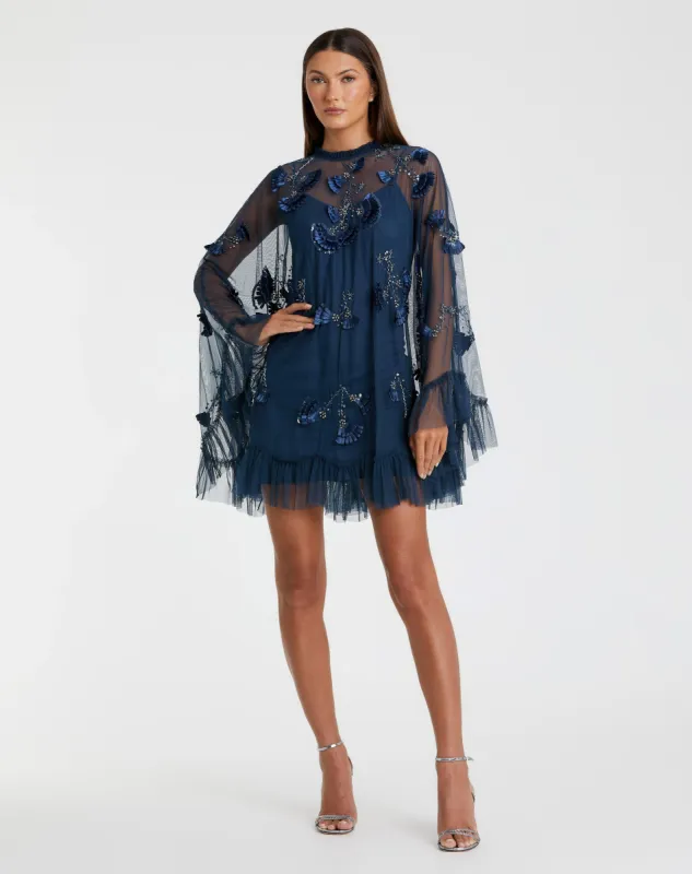 Embellished Long Flare Sleeve Mesh A-Line Dress sold by Mac Duggal