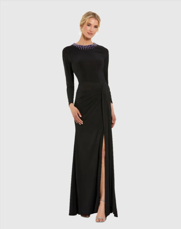 Long Sleeve Jersey Ruched Gown With Beaded Neck sold by Mac Duggal