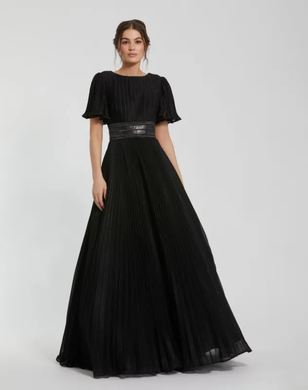 Pleated Shimmering Georgette Flutter Sleeve Gown sold by Mac Duggal