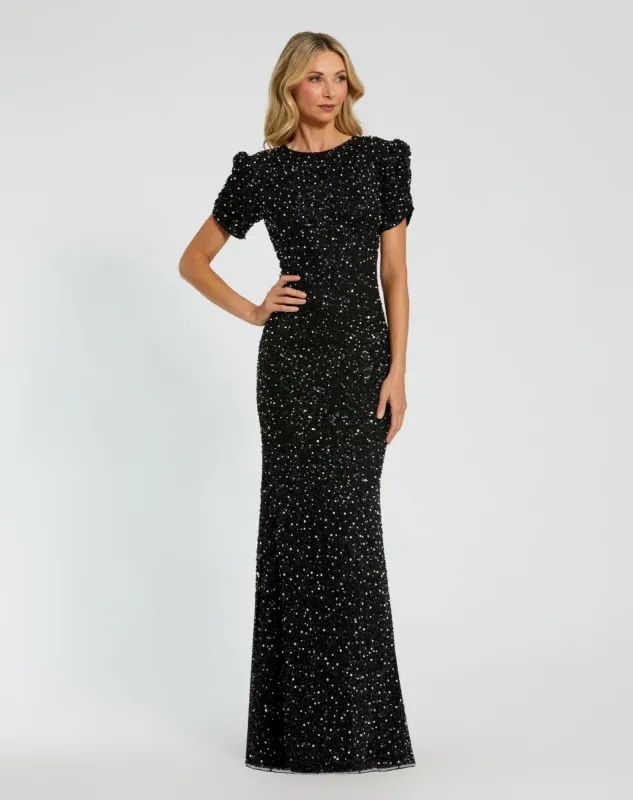 Gathered Short Sleeve Beaded Gown sold by Mac Duggal