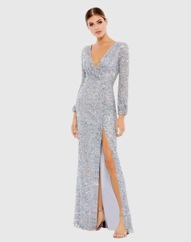 Silver Multi-Colored Sequin Long Sleeve Gown sold by Mac Duggal