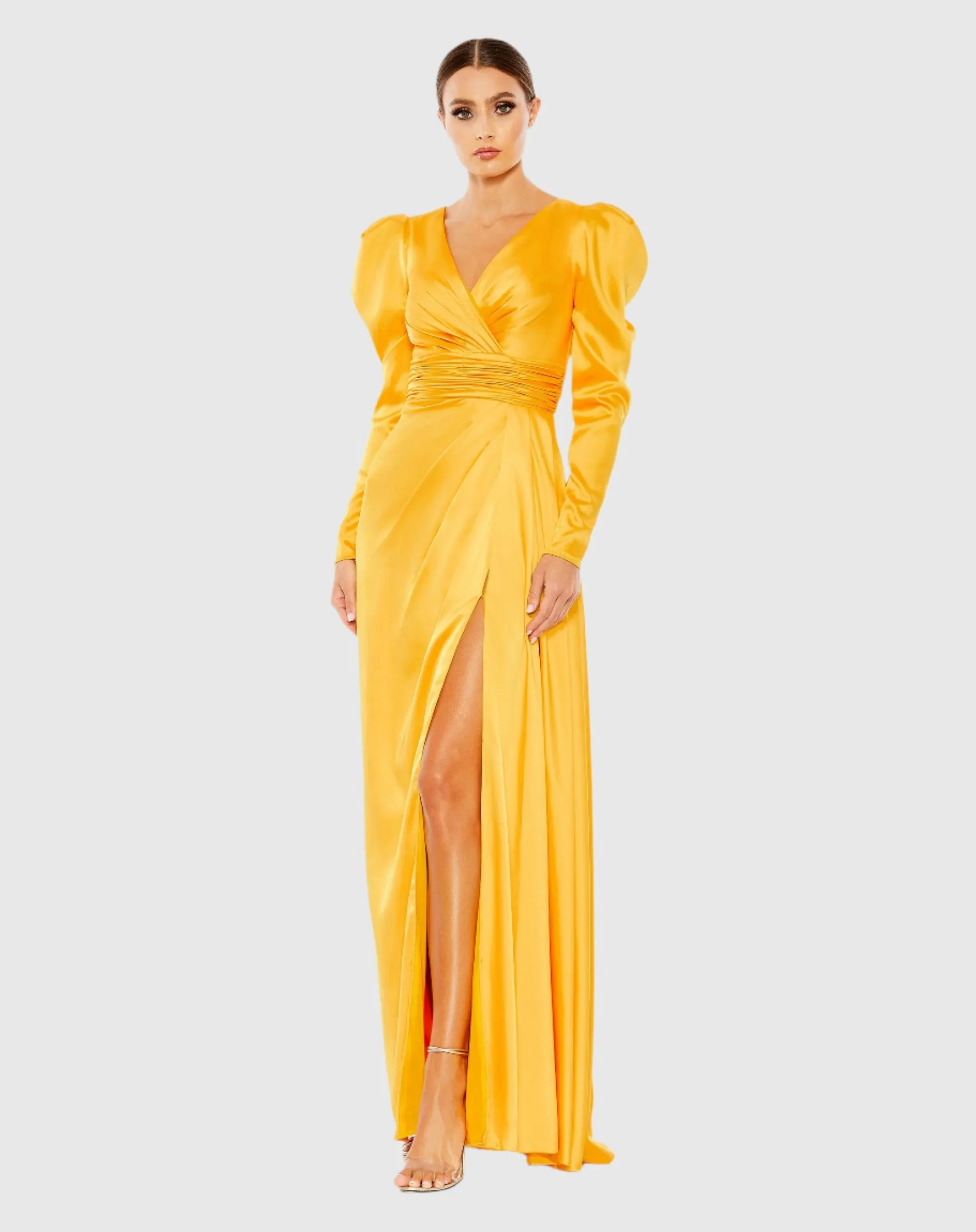 Yellow Faux Wrap Long Sleeve A Line Gown - FINAL SALE sold by Mac Duggal