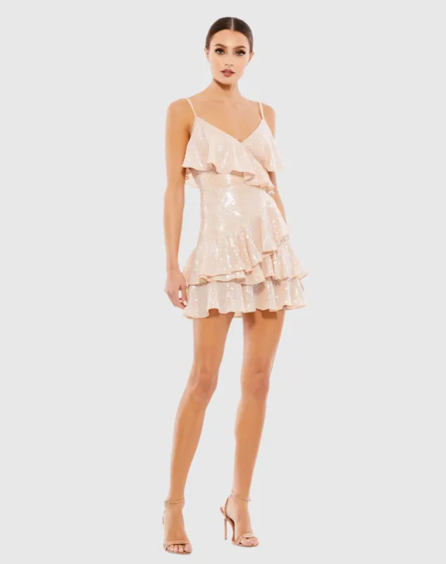 Pink Sequined Ruffle Tiered Faux Wrap Mini Dress sold by Mac Duggal