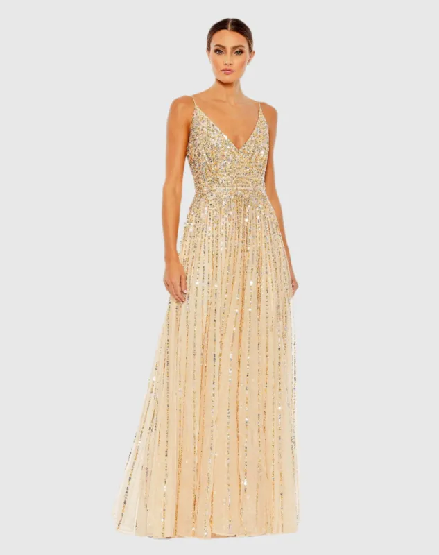 Beige Sequined Sleeveless Wrap Over A Line Gown sold by Mac Duggal