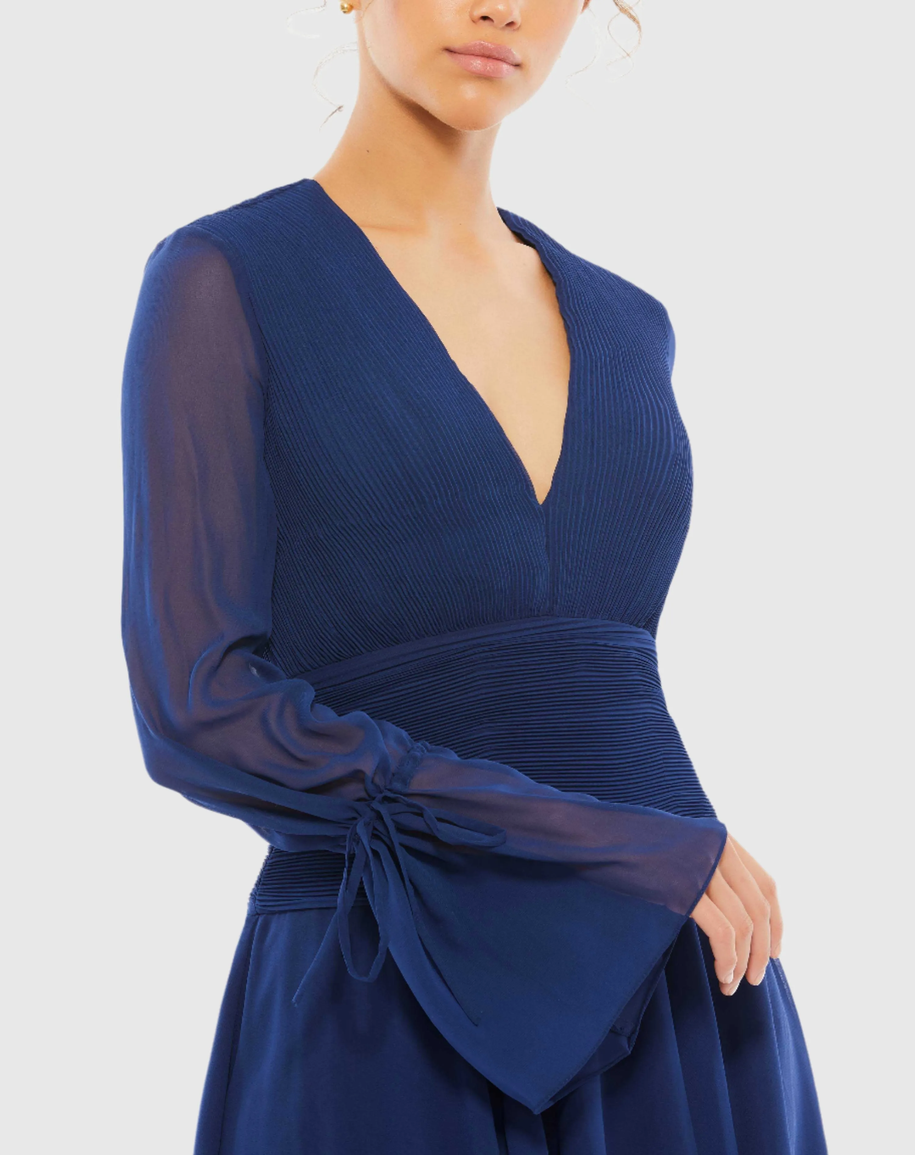 Navy Pleated Bell Sleeve Chiffon Mini Dress sold by Mac Duggal product image thumbnail 2