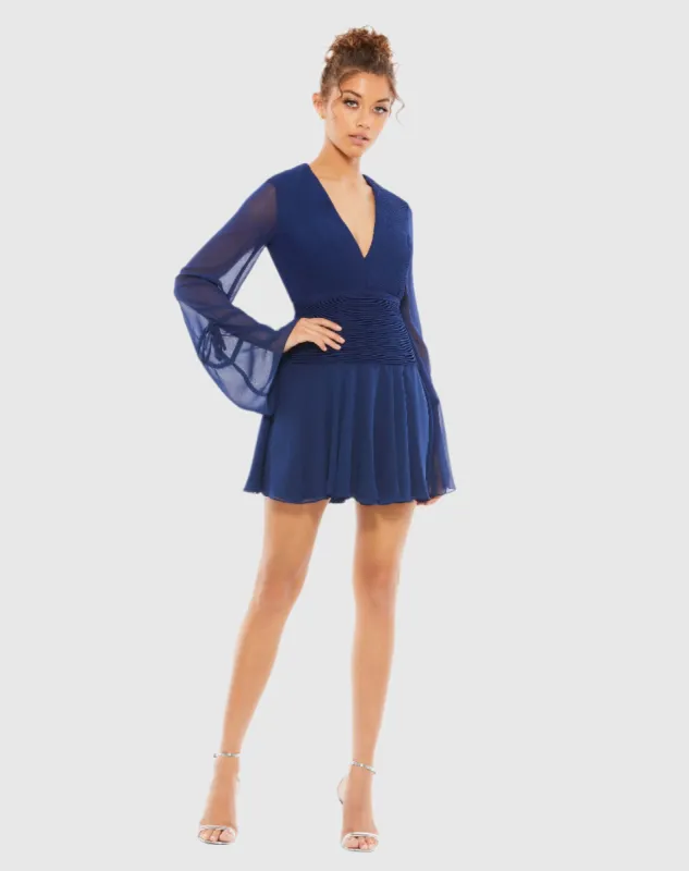Navy Pleated Bell Sleeve Chiffon Mini Dress sold by Mac Duggal