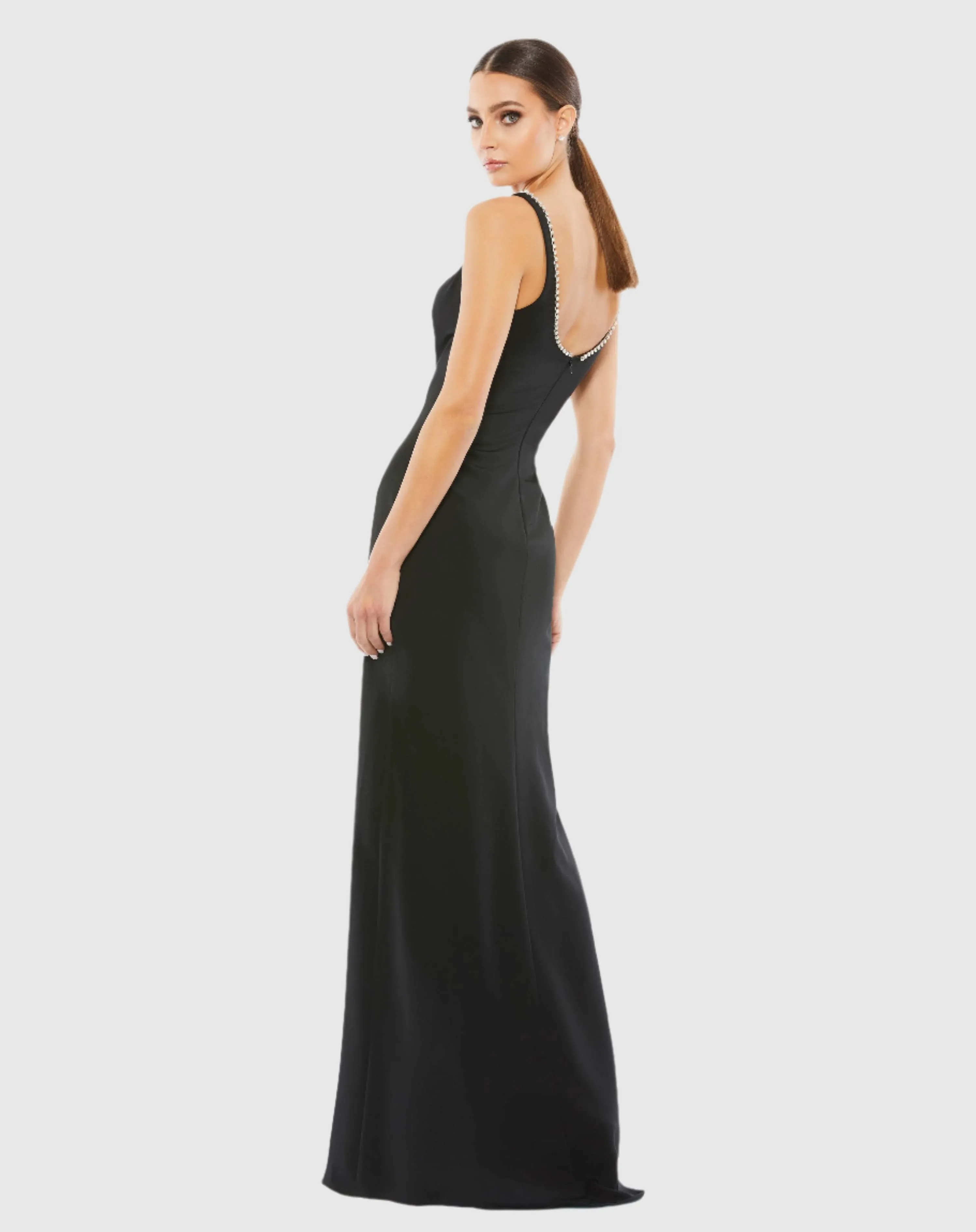Black Sleeveless Crystal Scoop Neckline Column Gown with High Slit sold by Mac Duggal product image thumbnail 3