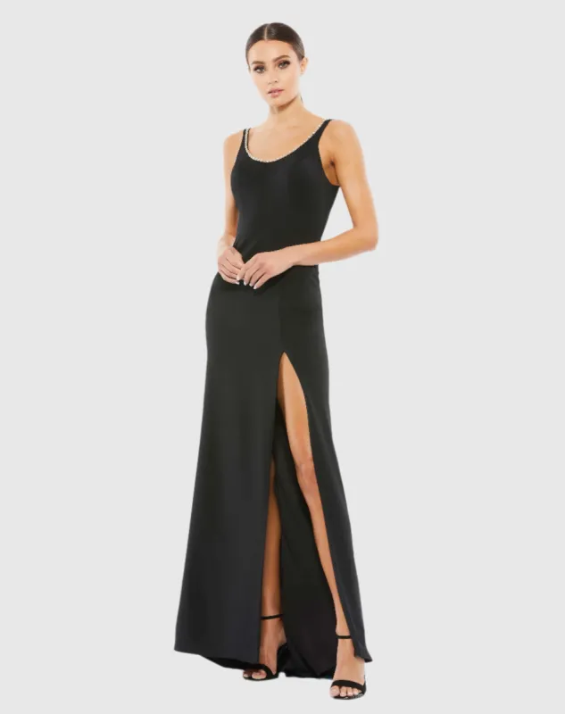 Black Sleeveless Crystal Scoop Neckline Column Gown with High Slit sold by Mac Duggal