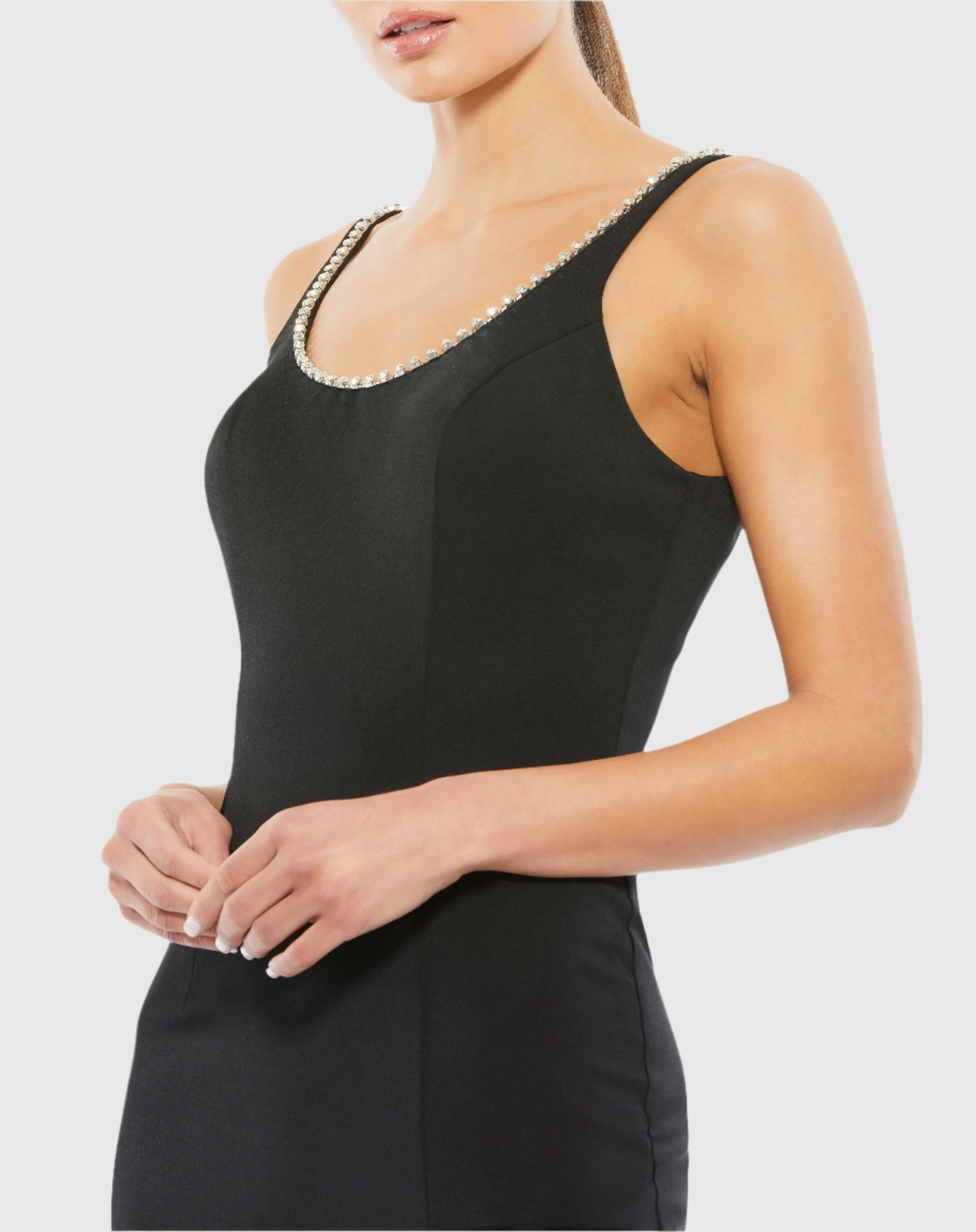 Black Sleeveless Crystal Scoop Neckline Column Gown with High Slit sold by Mac Duggal product image thumbnail 2