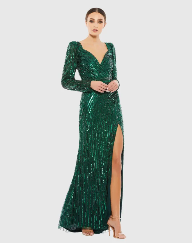 Green Sequined Sweetheart Long Sleeve Gown sold by Mac Duggal