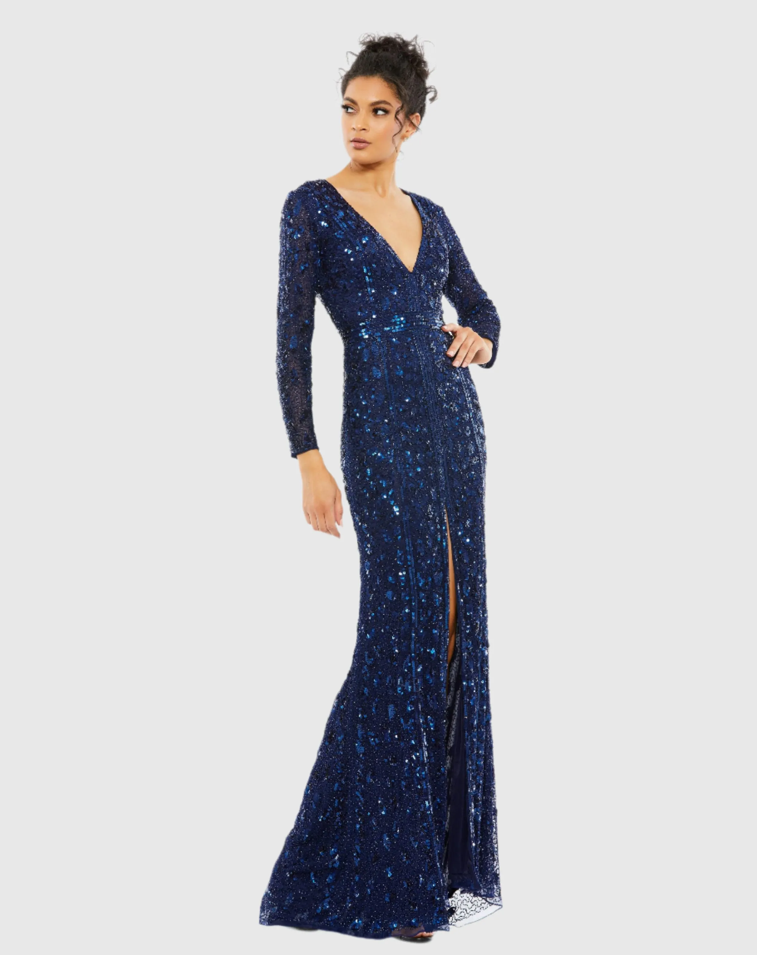 Navy Embellished Front Slit Long Sleeve Gown sold by Mac Duggal