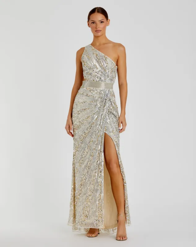 Sequined One Shoulder Draped Lace Up Gown sold by Mac Duggal