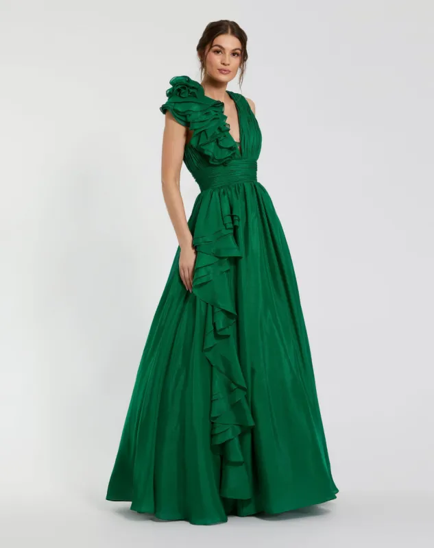 Emerald Green Ruffle Shoulder V-Neck Chiffon Gown sold by Mac Duggal