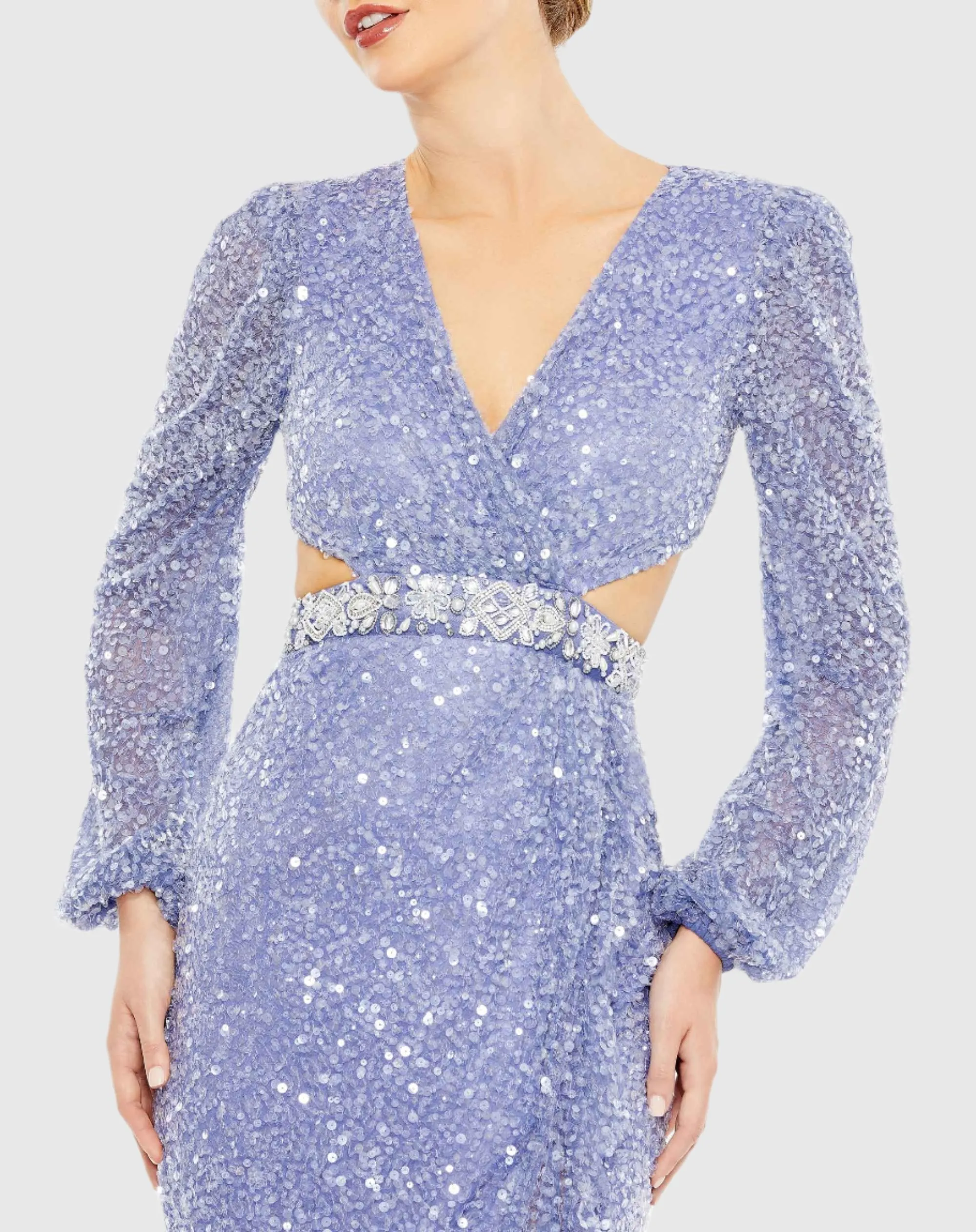Purple Sequined Faux Wrap Cut Out Puff Sleeve Gown sold by Mac Duggal product image thumbnail 2