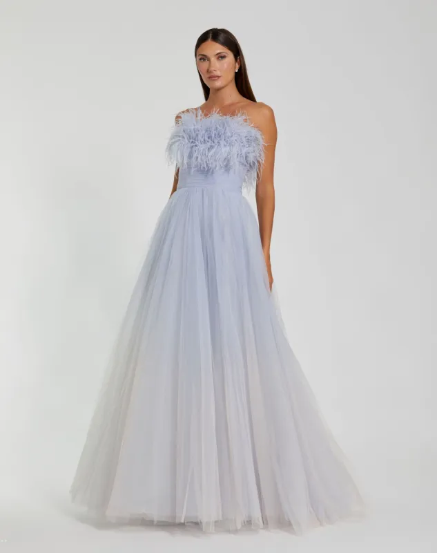 Strapless Feather Bodice Tulle Gown sold by Mac Duggal