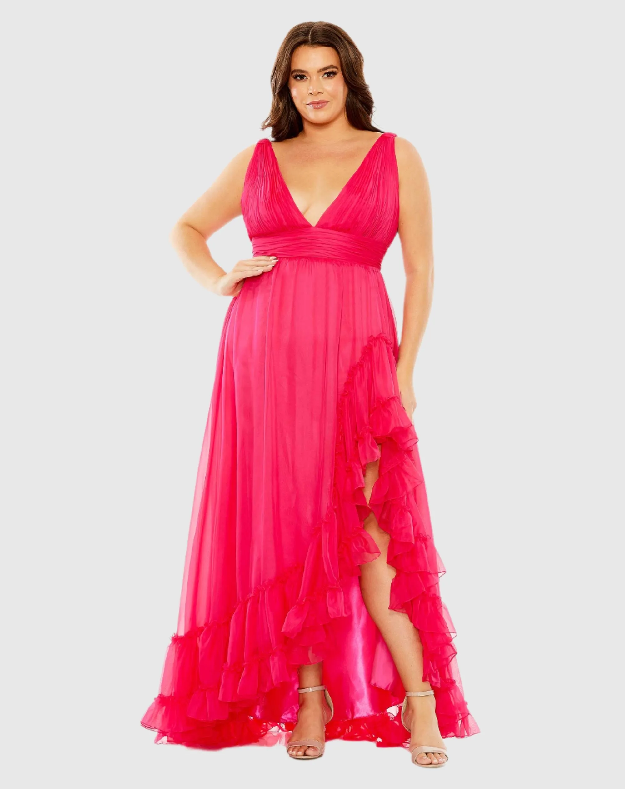 Plunge Neck Sleeveless Ruffle Tiered Front Slit Gown sold by Mac Duggal