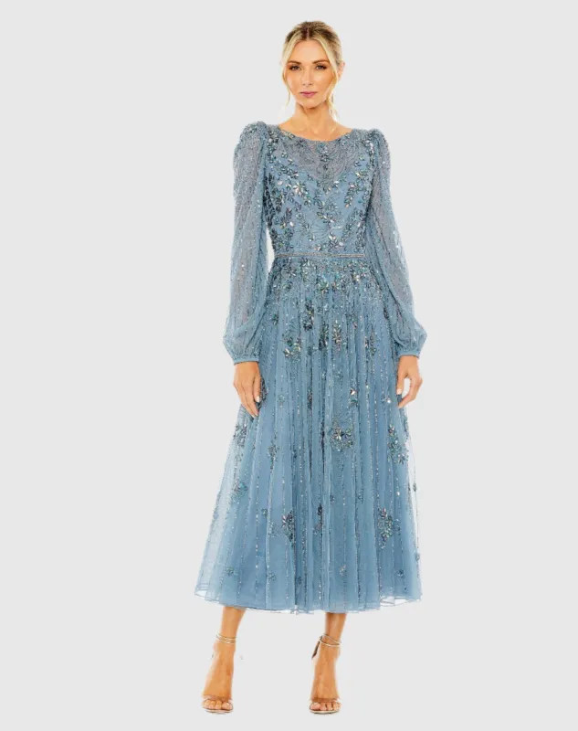 Floral Embellished High Neck Puff Long Sleeve A Line Midi Dress sold by Mac Duggal