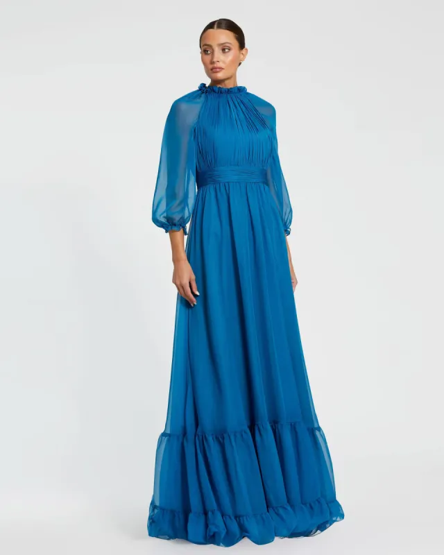 Chiffon Ruched Illusion Raglan Sleeve Ruffled Gown sold by Mac Duggal