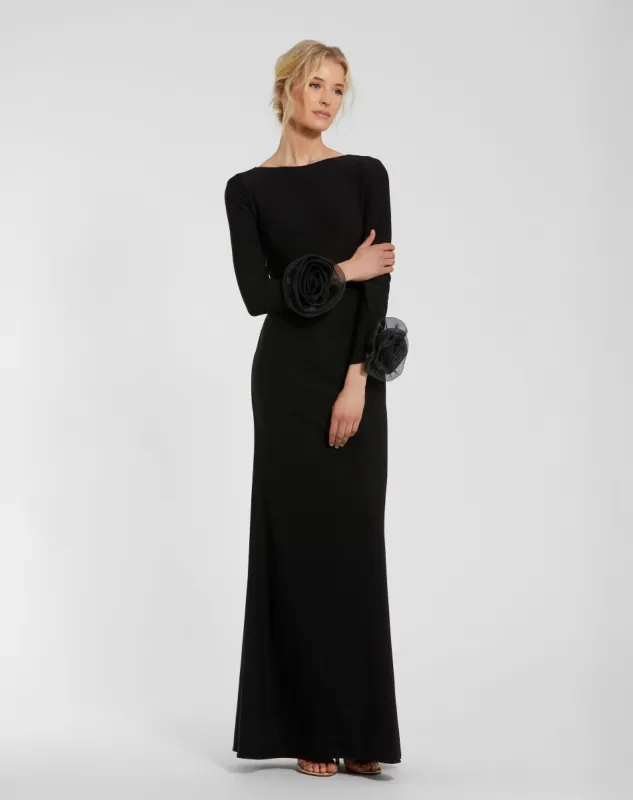 Long Sleeve Fitted Jersey Gown With 3D Flowers sold by Mac Duggal