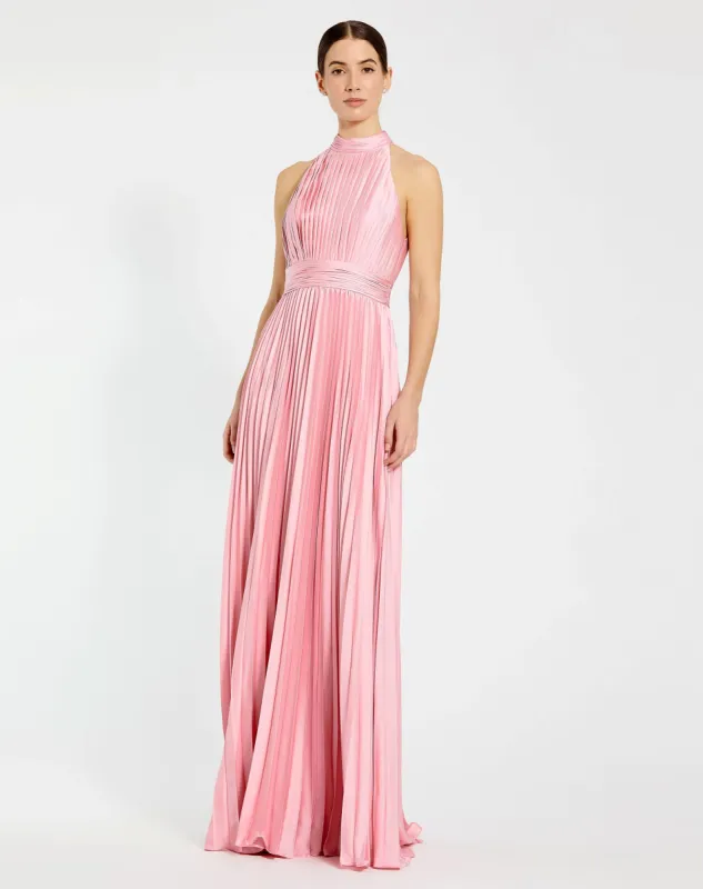 Pleated High Neck Satin Sleeveless Halter Gown sold by Mac Duggal