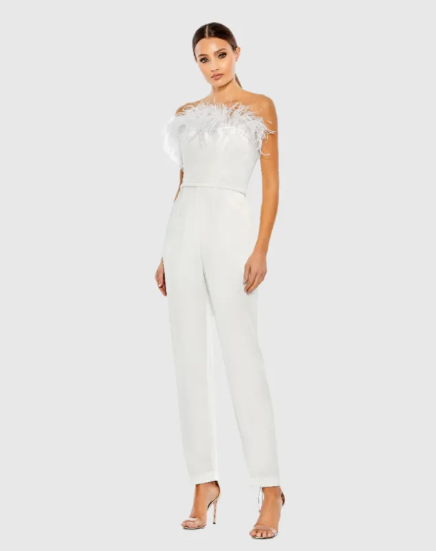 Strapless Jumpsuit with Feather Trim sold by Mac Duggal