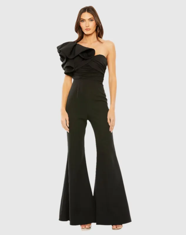 One Shoulder Ruffle Detail Flare Pant Jumpsuit sold by Mac Duggal