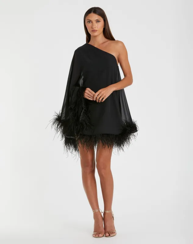 One Shoulder Trapeze Dress with Feather Trim sold by Mac Duggal