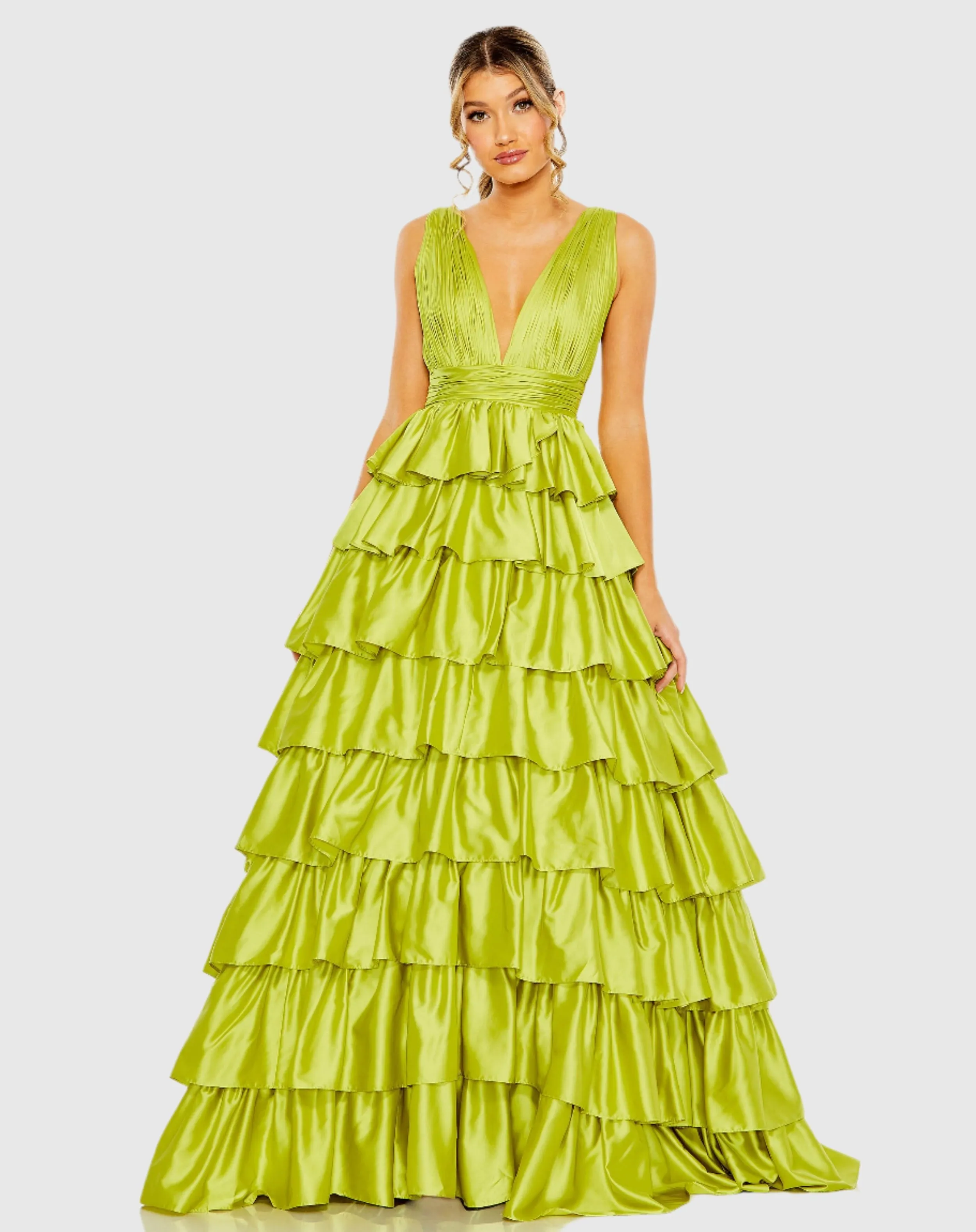 Ruffle Tiered Pleated Sleeveless V Neck Gown sold by Mac Duggal