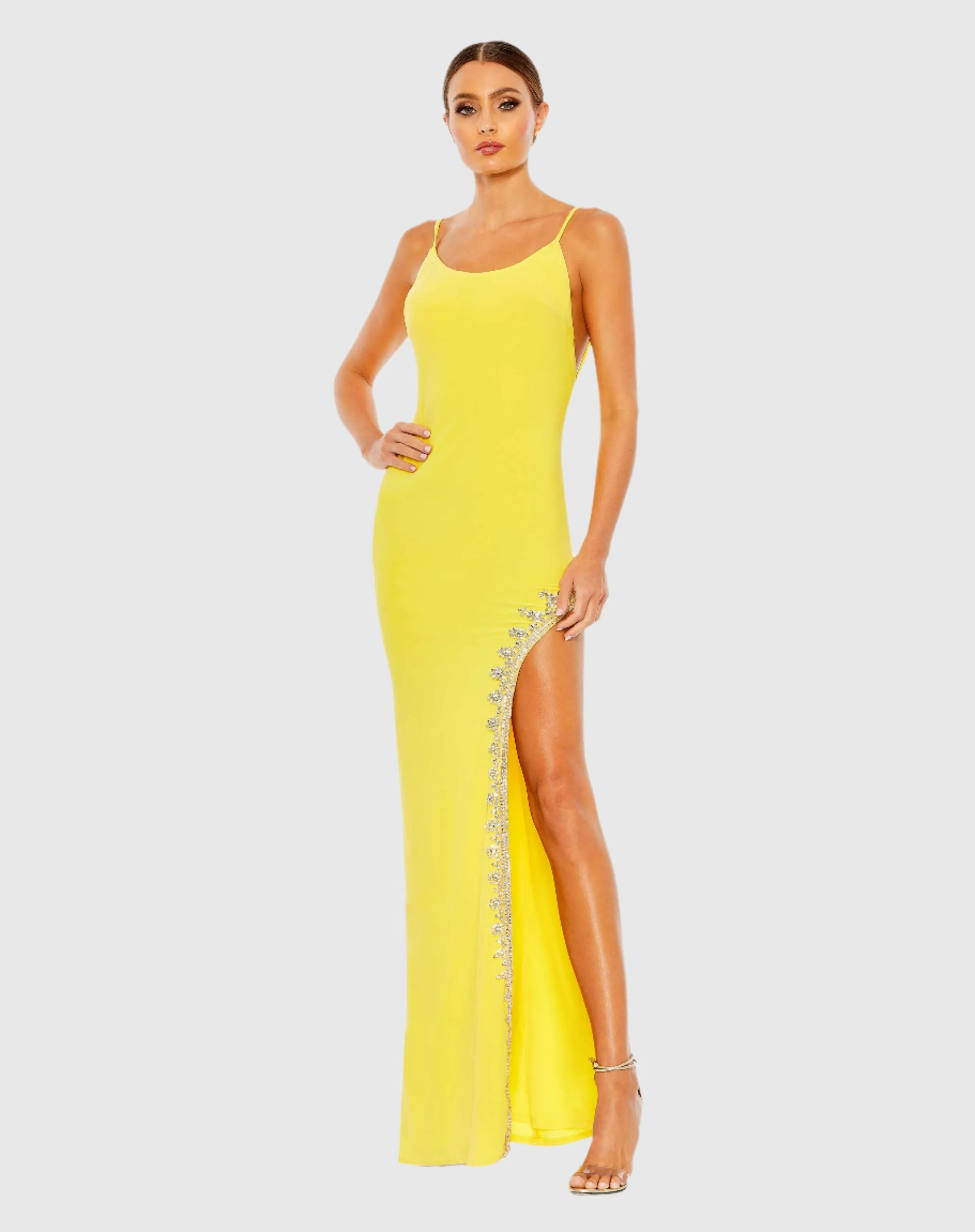 Rhinestone Encrusted Side Slit Cami Bodycon Gown sold by Mac Duggal