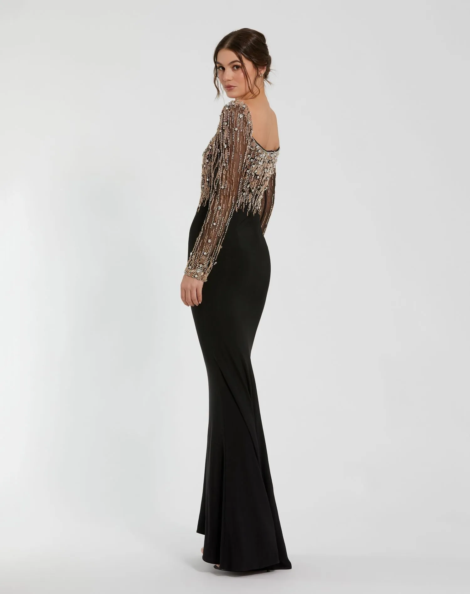 Black Beaded Square Neck Long Sleeve Jersey Gown sold by Mac Duggal product image thumbnail 3