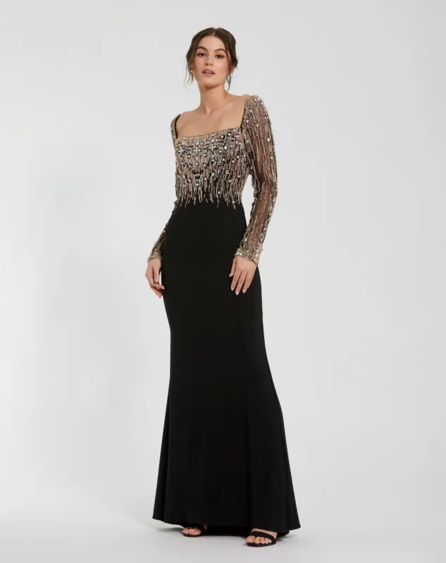 Black Beaded Square Neck Long Sleeve Jersey Gown sold by Mac Duggal
