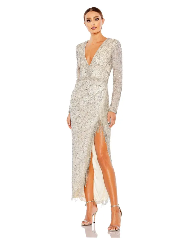 Silver Embellished Long Sleeve V Neck Beaded Hem Gown sold by Mac Duggal
