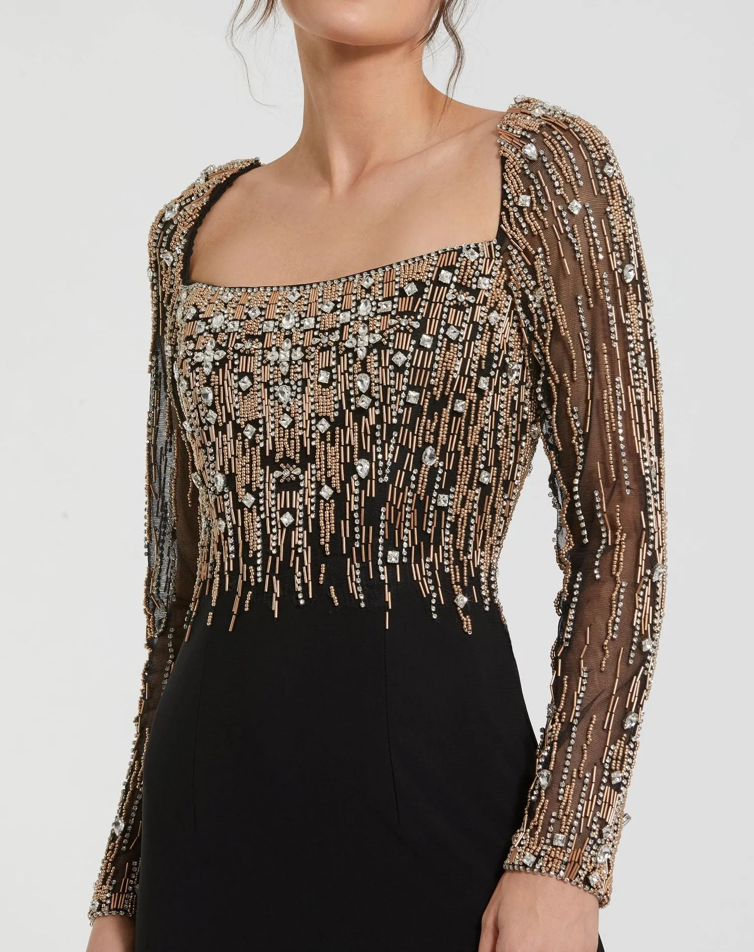 Black Beaded Square Neck Long Sleeve Jersey Gown sold by Mac Duggal product image thumbnail 2