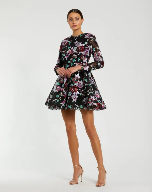 High Neck Long Sleeve Sequin A Line Mini Dress sold by Mac Duggal