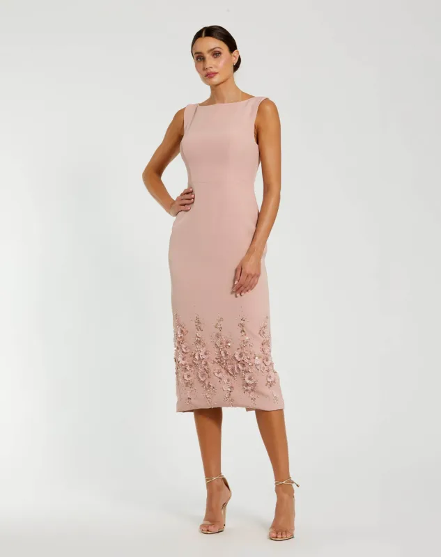 Pink Crepe Sleeveless Midi Dress With Flower Beading sold by Mac Duggal